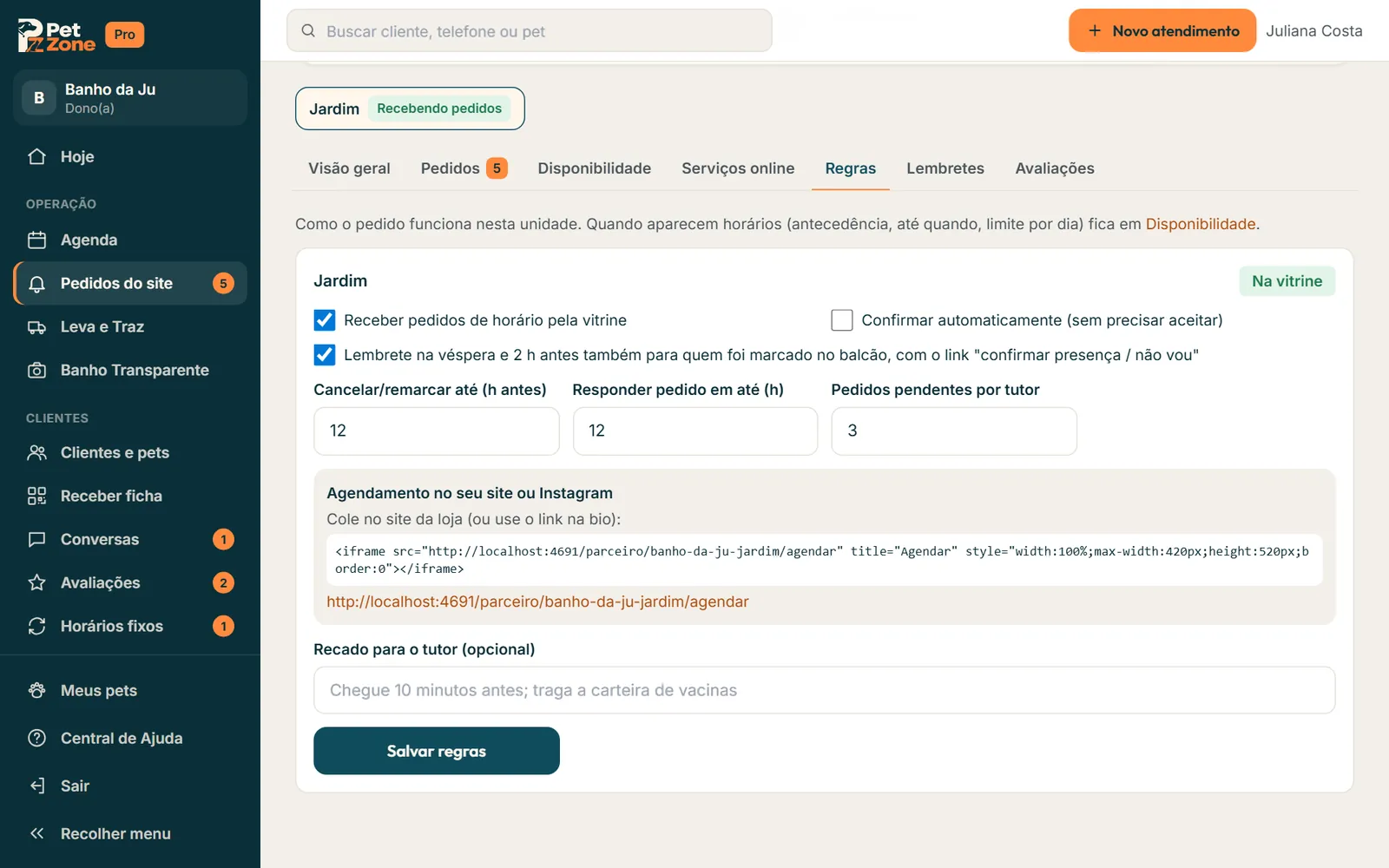 Lembrete do balcão nas Regras
