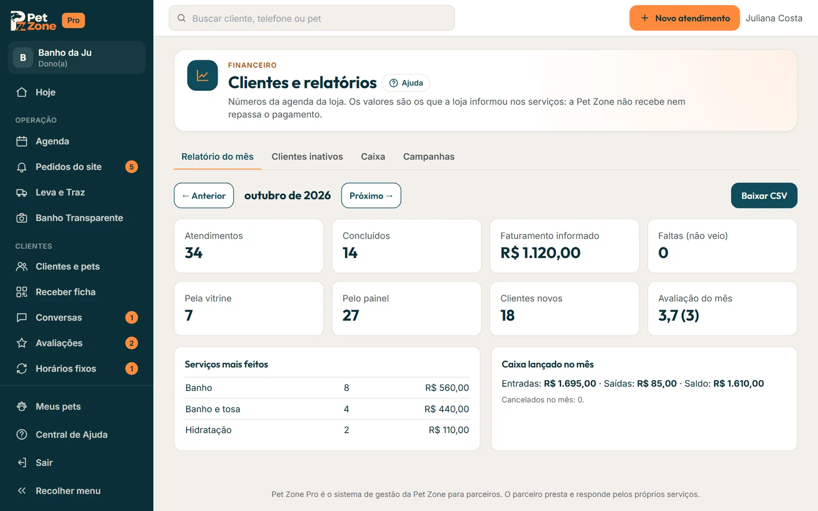 Relatório do mês com os oito números, Serviços mais feitos e o caixa lançado no mês