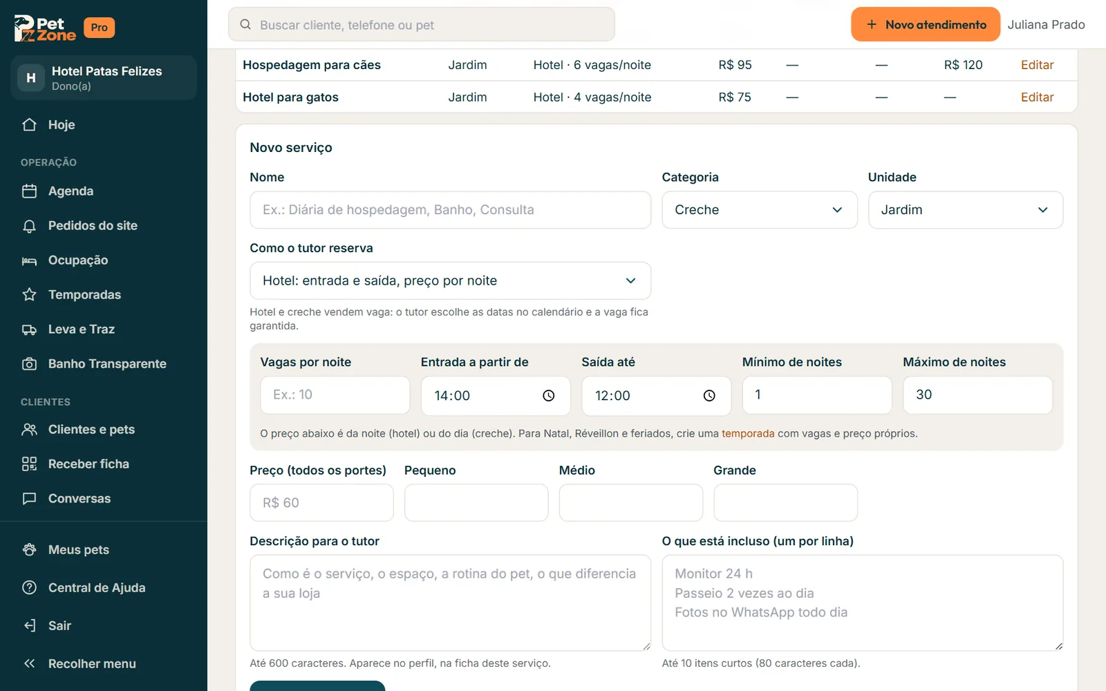 Formulário Novo serviço com Como o tutor reserva em Hotel e os campos de vagas e noites
