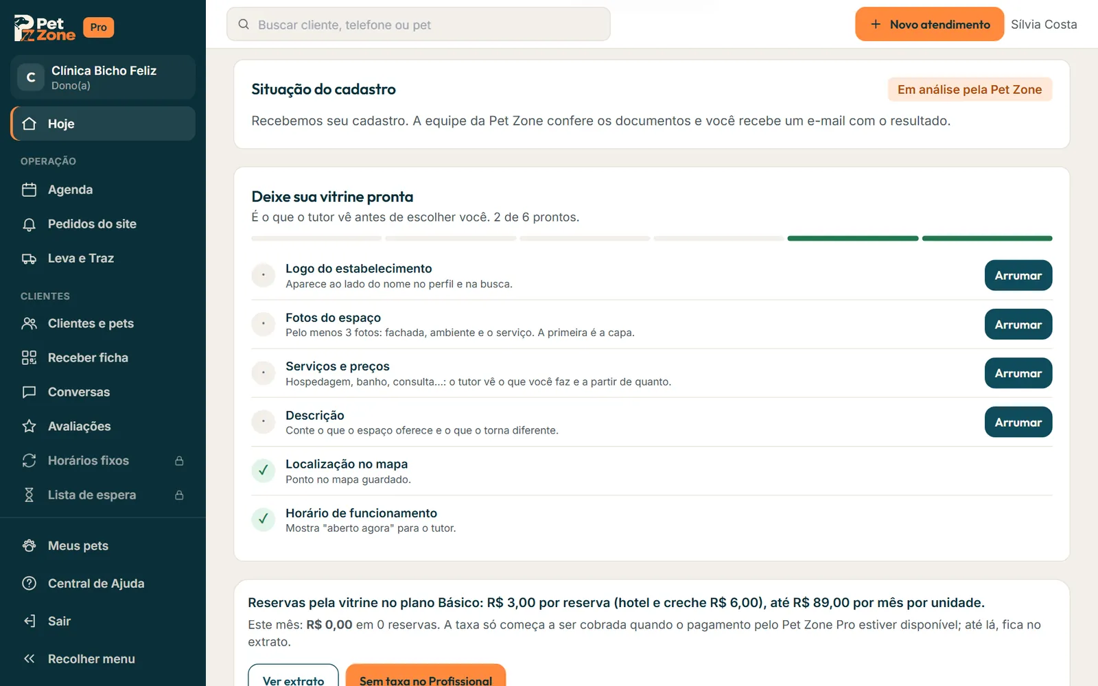 Situação do cadastro Em análise pela Pet Zone na tela Hoje