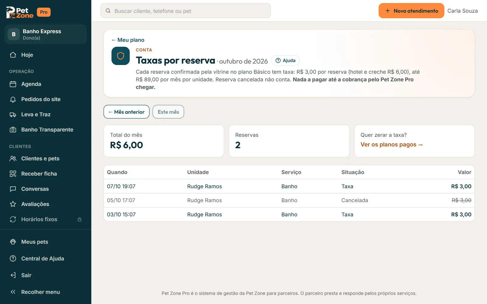 Extrato das taxas por reserva do mês com o total, as reservas e uma linha cancelada riscada