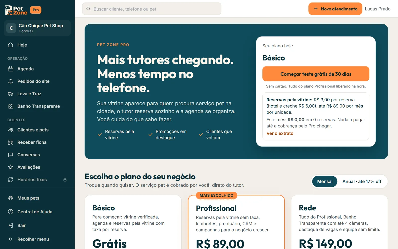 Botão Começar teste grátis no quadro Seu plano hoje