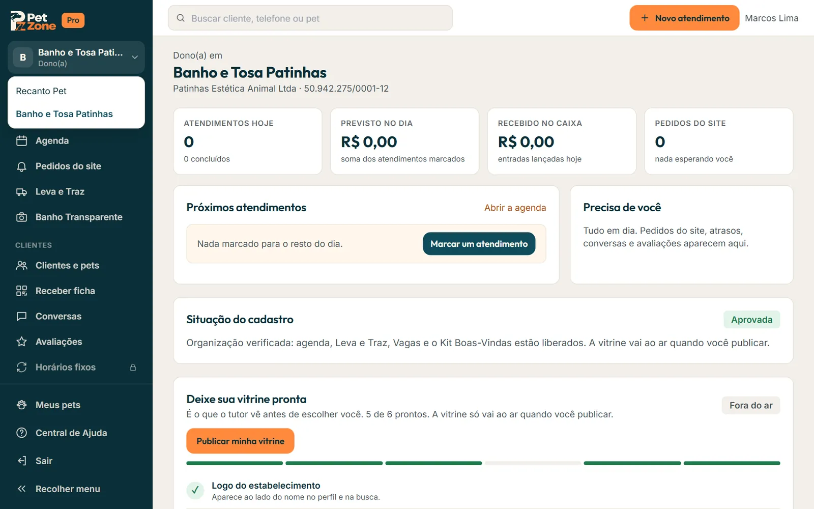 Nome do negócio no alto da barra lateral aberto com a lista dos outros negócios