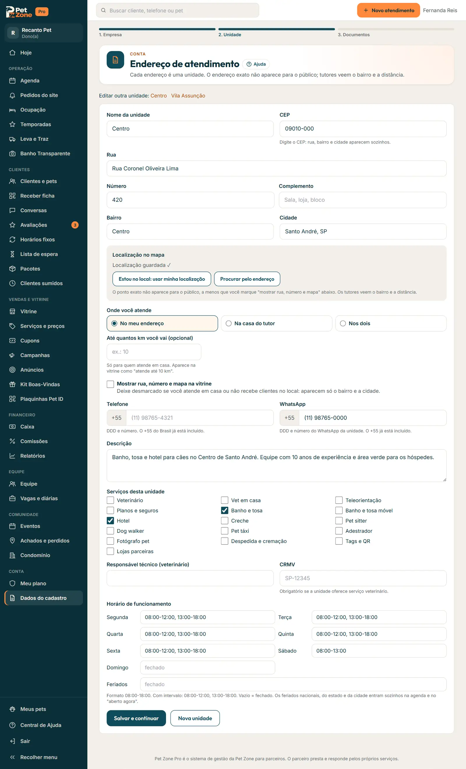 Endereço de atendimento com o link Editar outra unidade e o botão Nova unidade