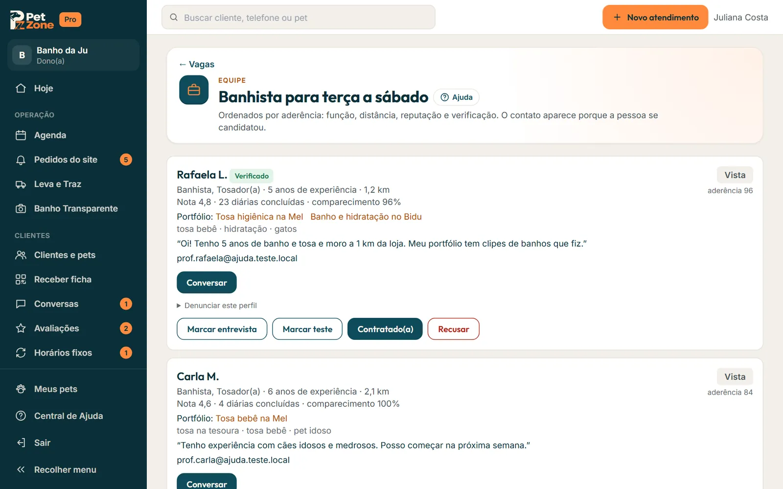 Candidato com aderência e os botões de decisão