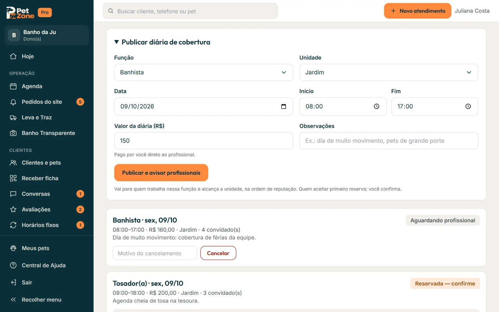 Formulário Publicar diária de cobertura