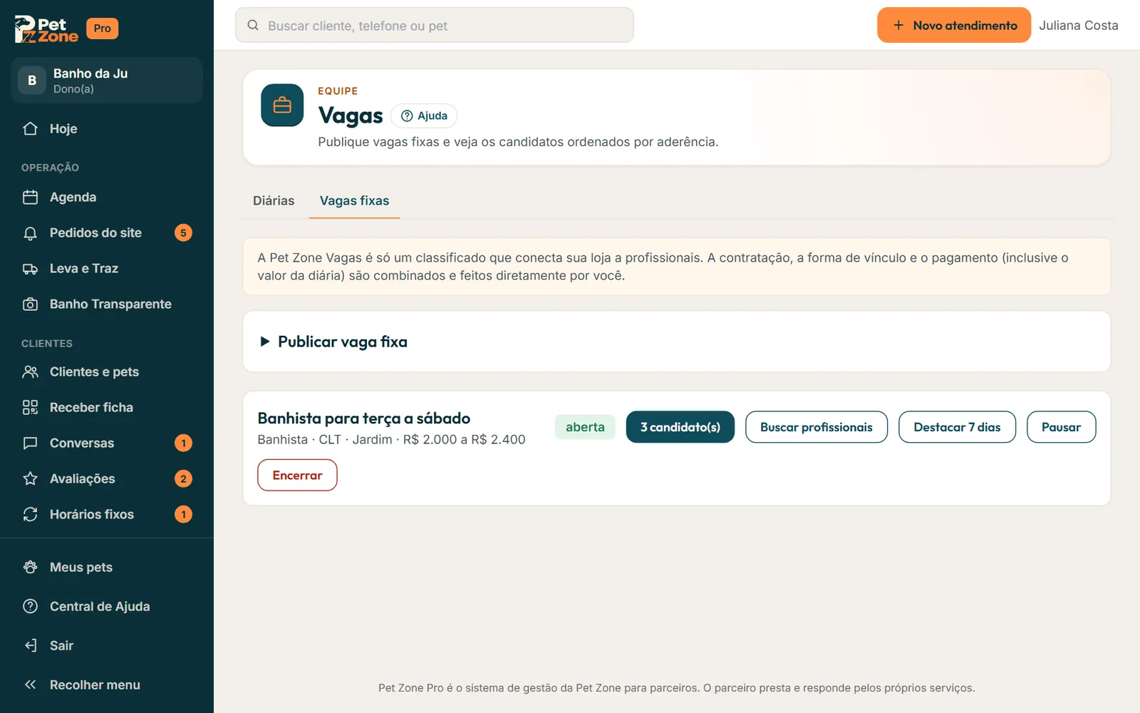 Vagas fixas com os candidatos e as ações de cada vaga