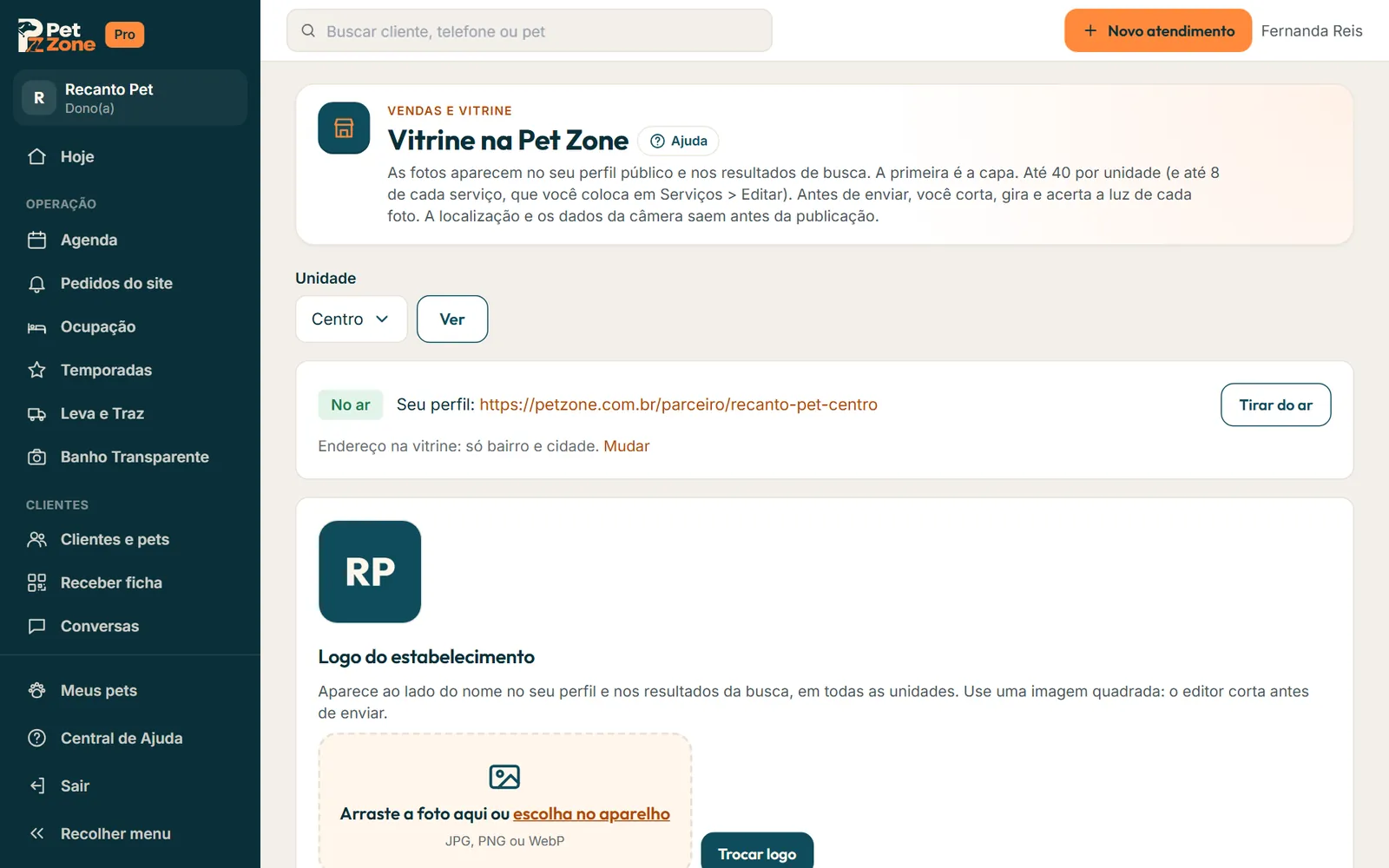 Vitrine No ar com o link do perfil e o botão Tirar do ar