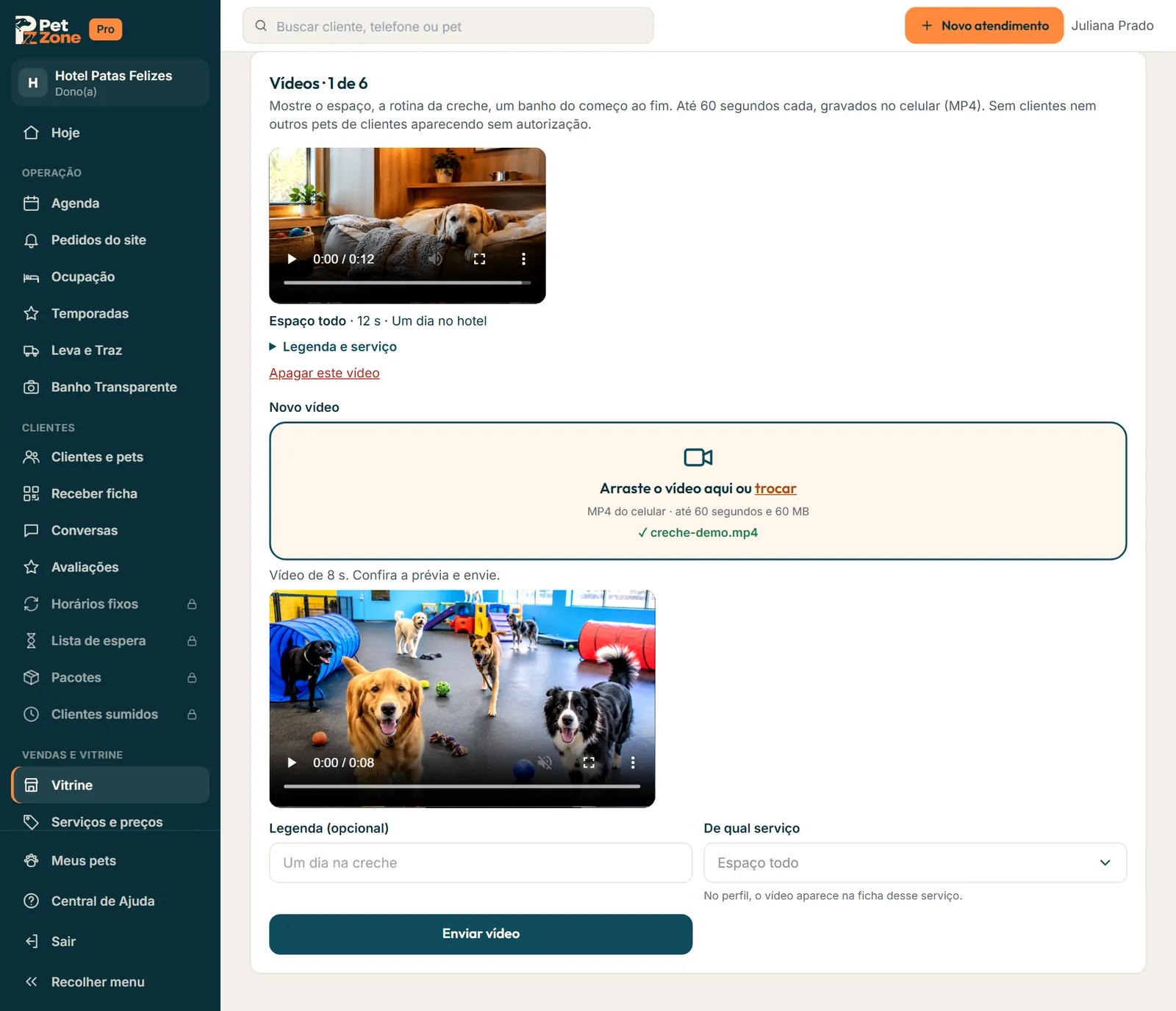 Seção Vídeos com um vídeo enviado e o formulário Novo vídeo com a prévia