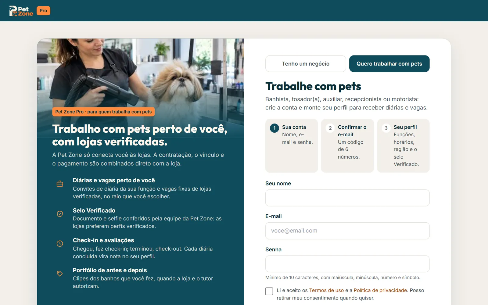 Criar conta com Procuro trabalho marcado