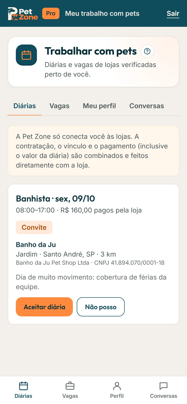 Convite de diária com a loja e os botões Aceitar diária e Não posso