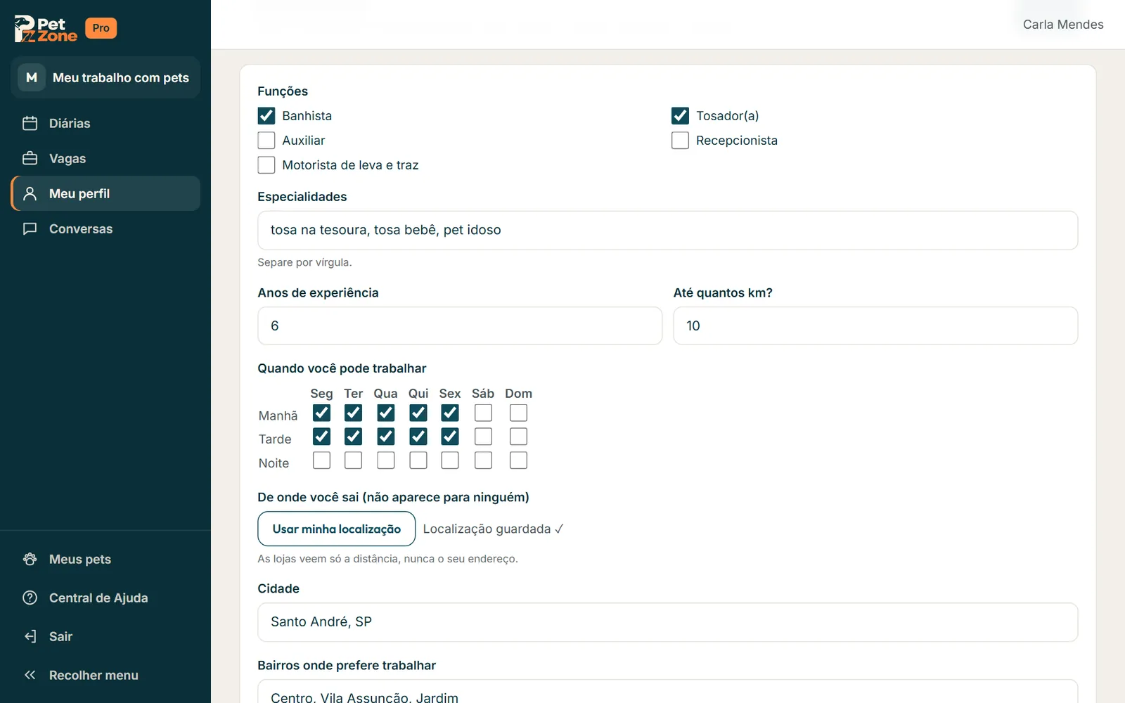 Meu perfil com as funções, a grade de dias e turnos e a localização