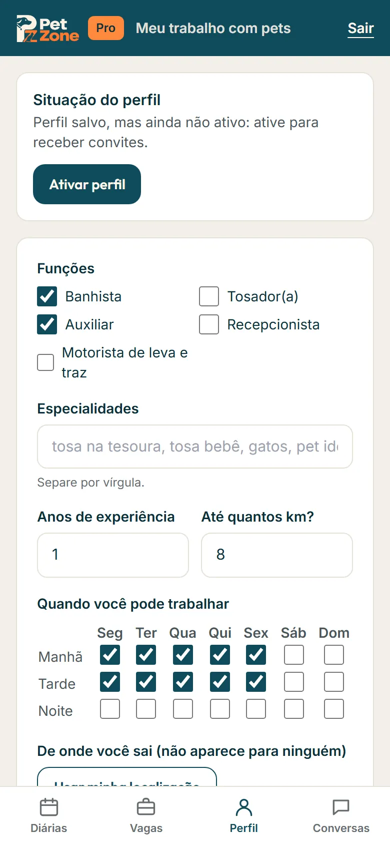 Situação do perfil com o botão Ativar perfil