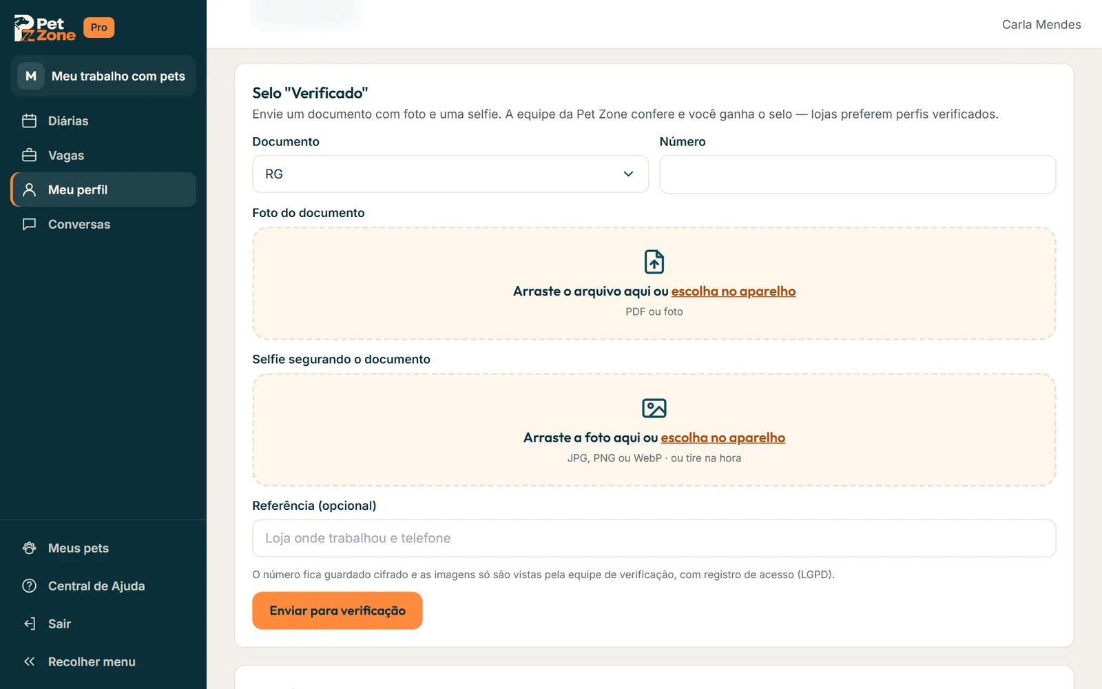 Seção Selo Verificado com o documento, o número, a foto e a selfie