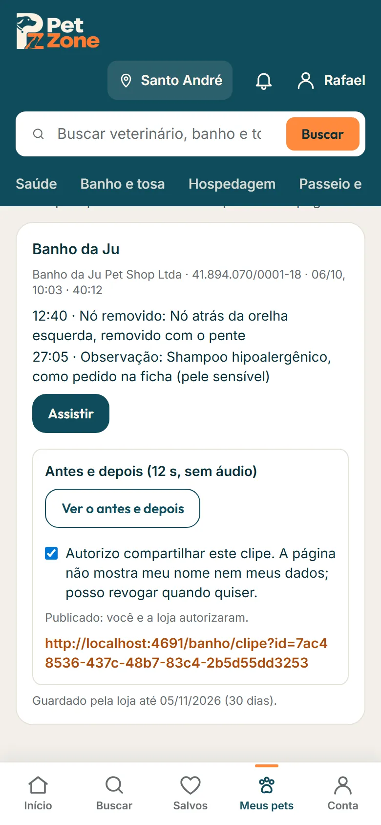 Aba Vídeos com uma gravação da loja, as marcações e o botão Assistir