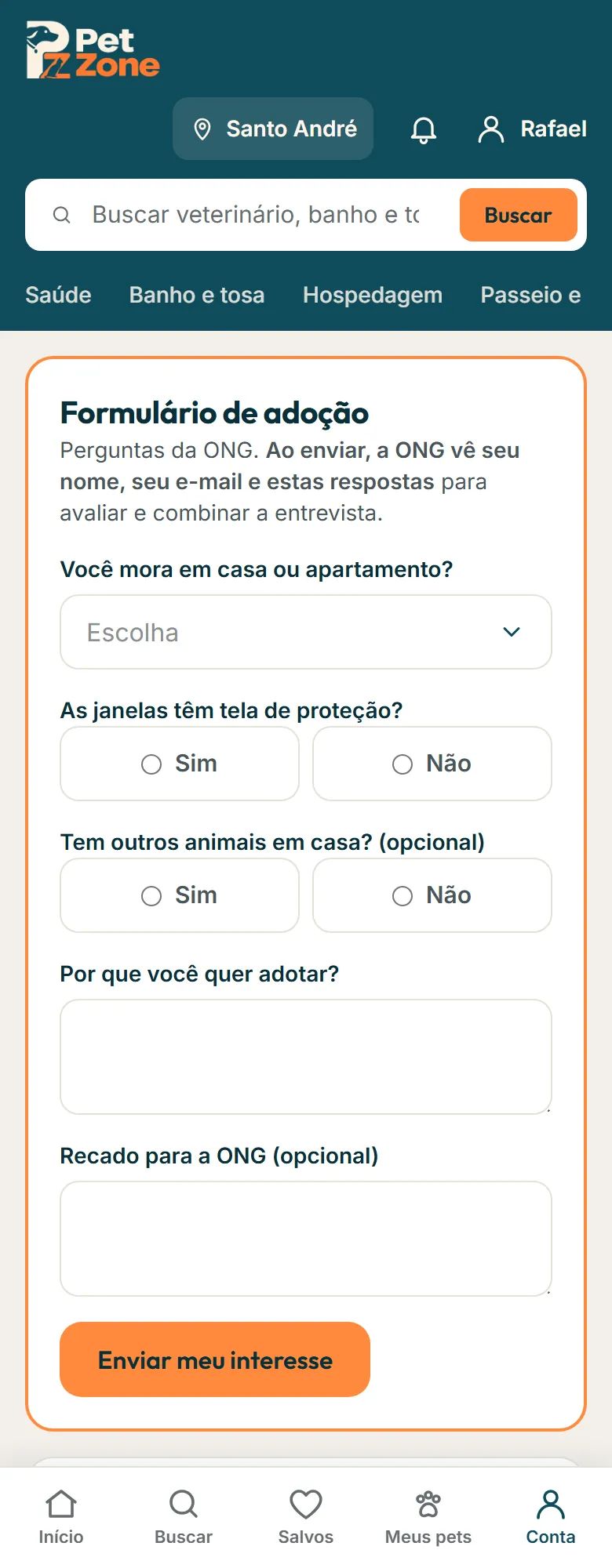 Formulário de adoção da ONG aberto pelo botão Quero adotar