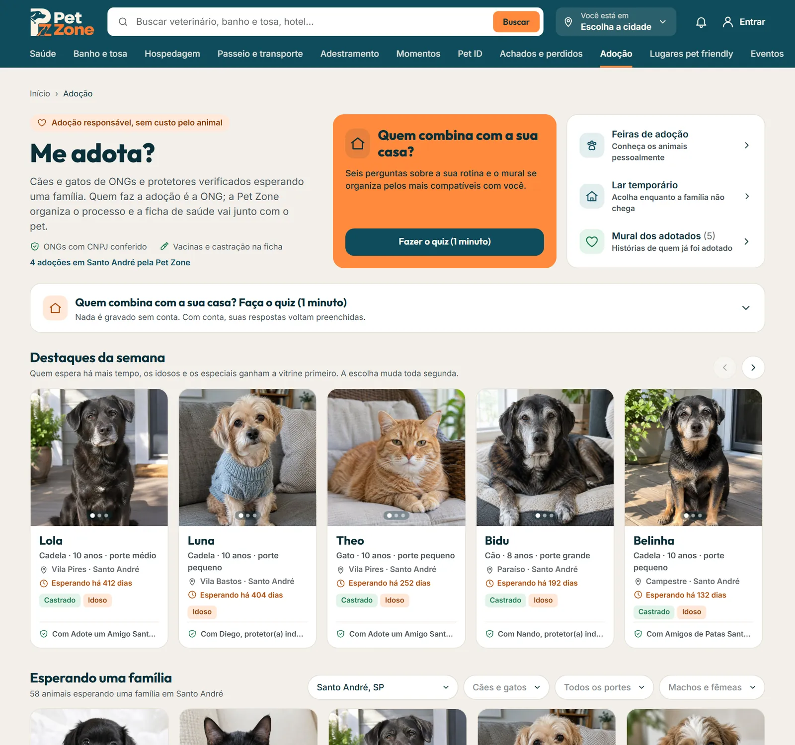 Mural Me adota? com o quiz, os atalhos e os animais da cidade