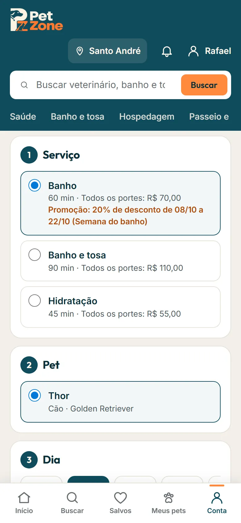 Tela de agendamento com os passos