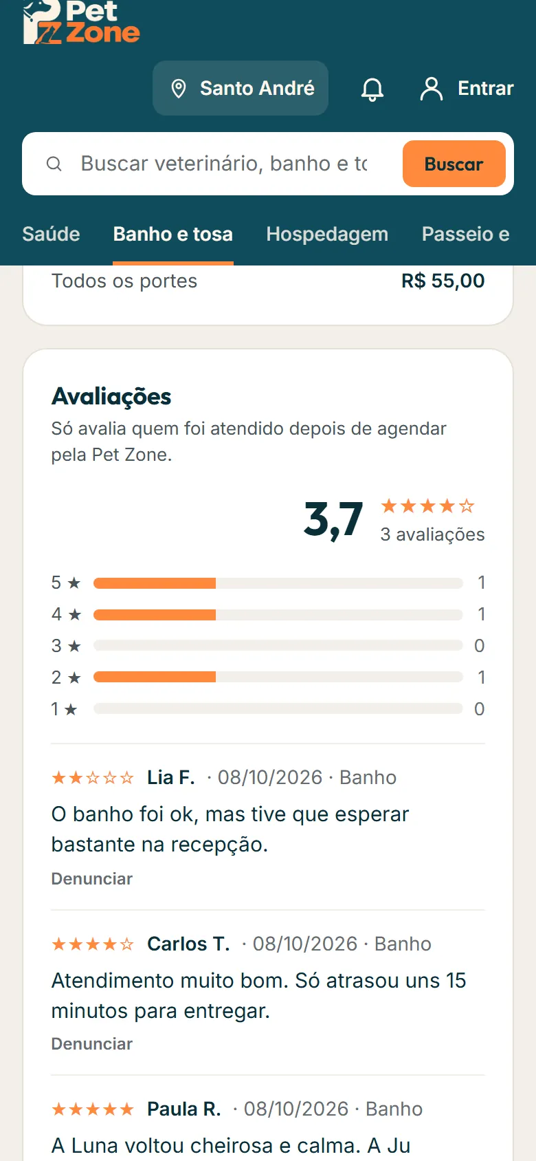 Avaliações no perfil do parceiro