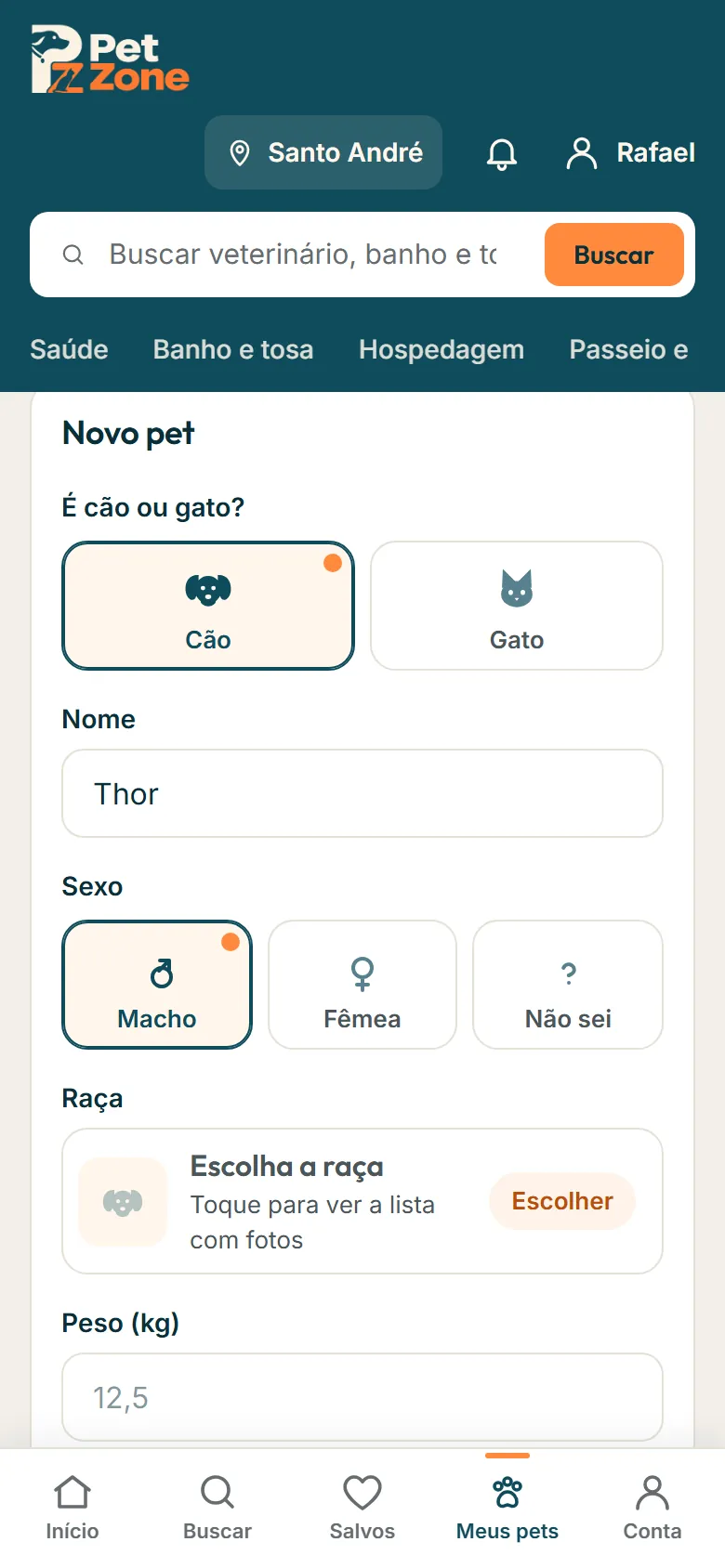 Formulário Novo pet com os botões de espécie e sexo e o campo de raça