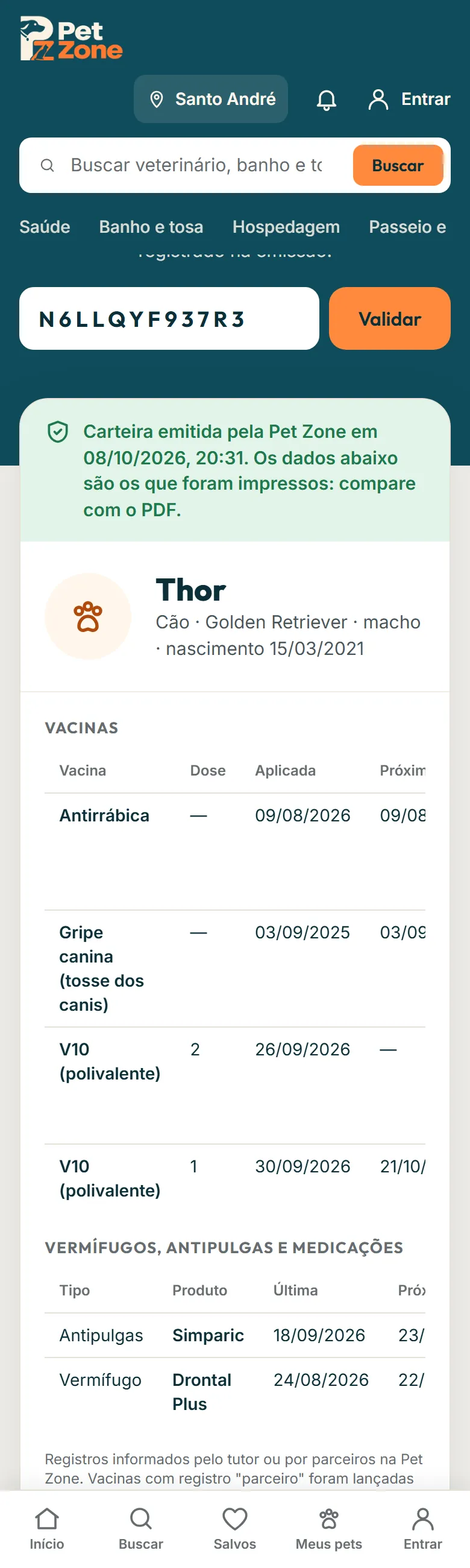 Página Validar carteira de vacinação com o selo de autenticidade e as vacinas impressas