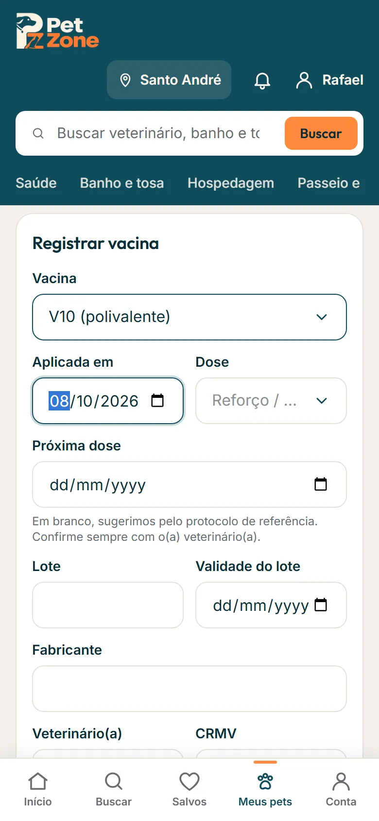 Formulário Registrar vacina com a vacina, a data e a próxima dose