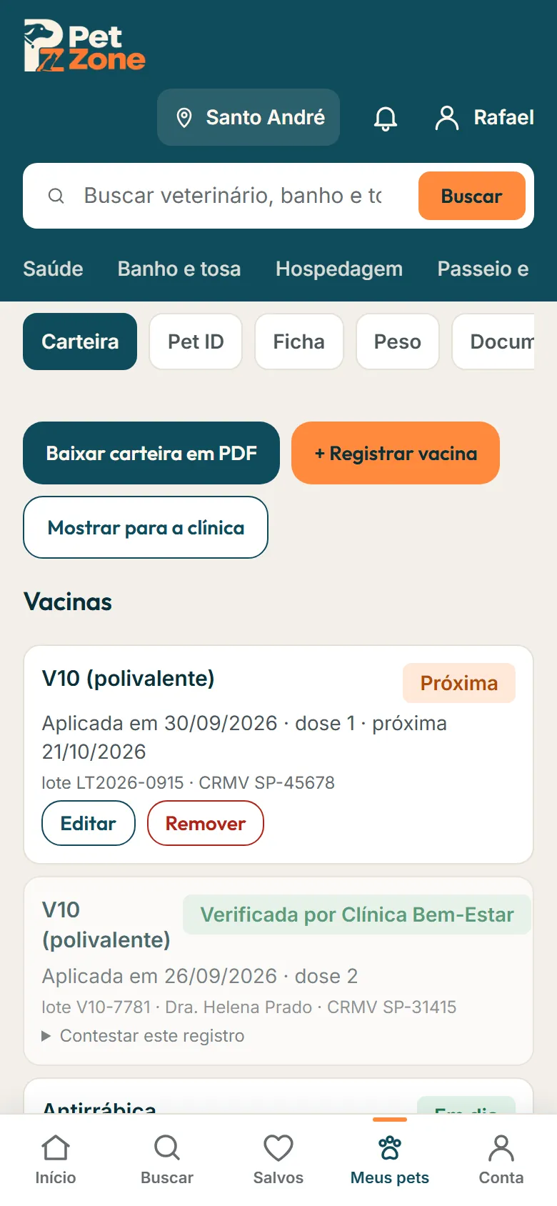 Aba Carteira com as vacinas e os selos Em dia, Próxima e Atrasada