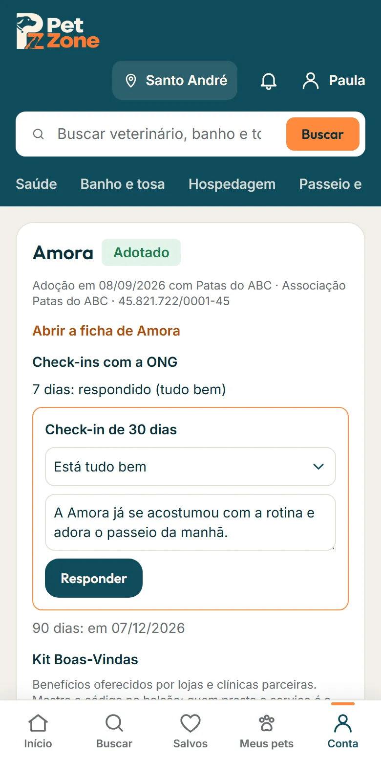 Check-in de 30 dias aberto em Minhas adoções, com a resposta e o botão Responder