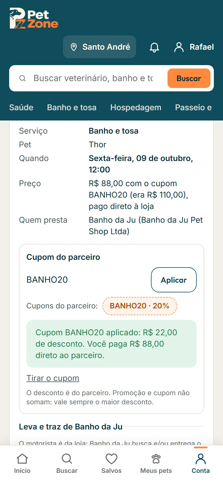 Revisão do agendamento com o cupom BANHO20 aplicado e o preço com desconto