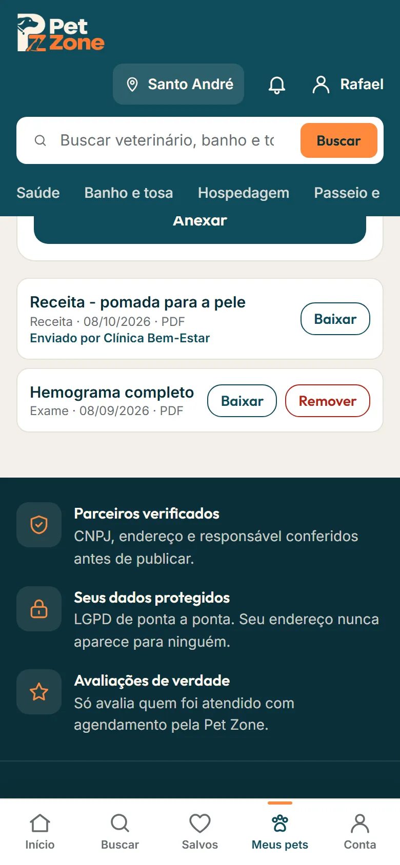 Aba Documentos com um exame anexado pelo tutor e outro enviado pela clínica