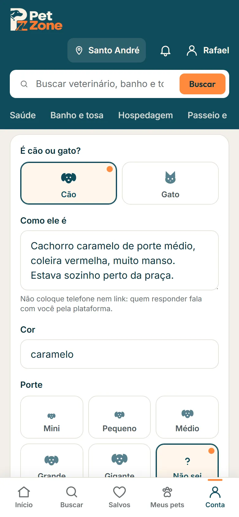 Formulário Encontrei um animal com espécie, descrição, local e fotos