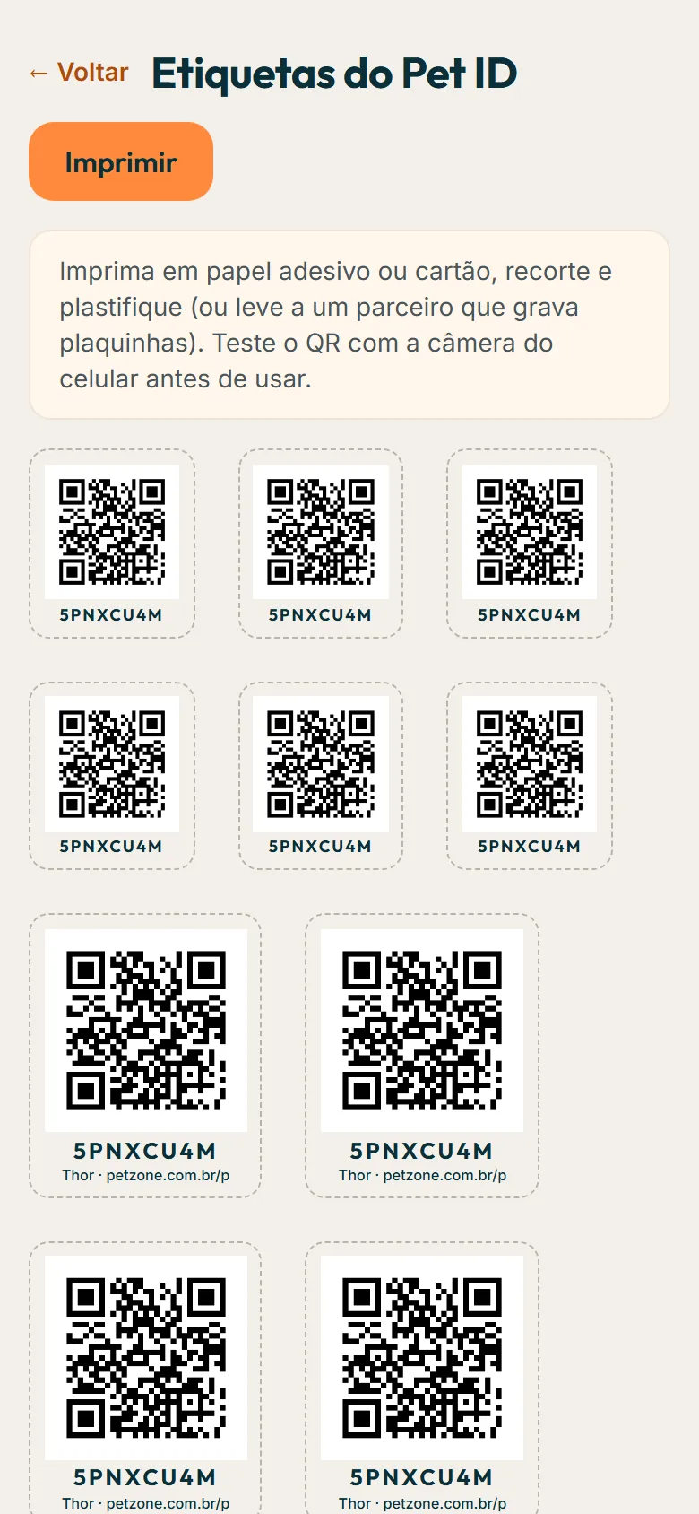 Folha de etiquetas do Pet ID com o QR em três tamanhos e o código