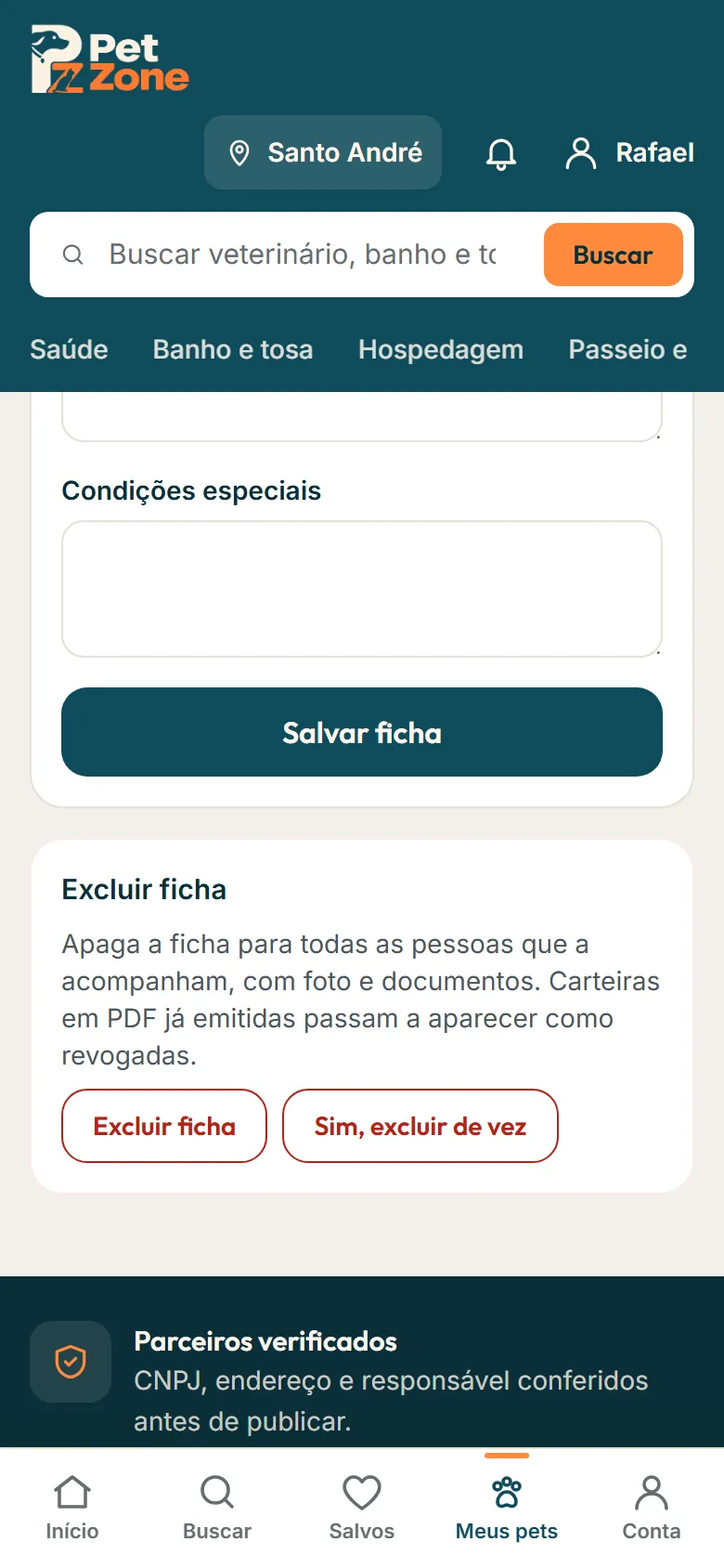 Caixa Excluir ficha no fim da aba Ficha, com o botão de confirmação