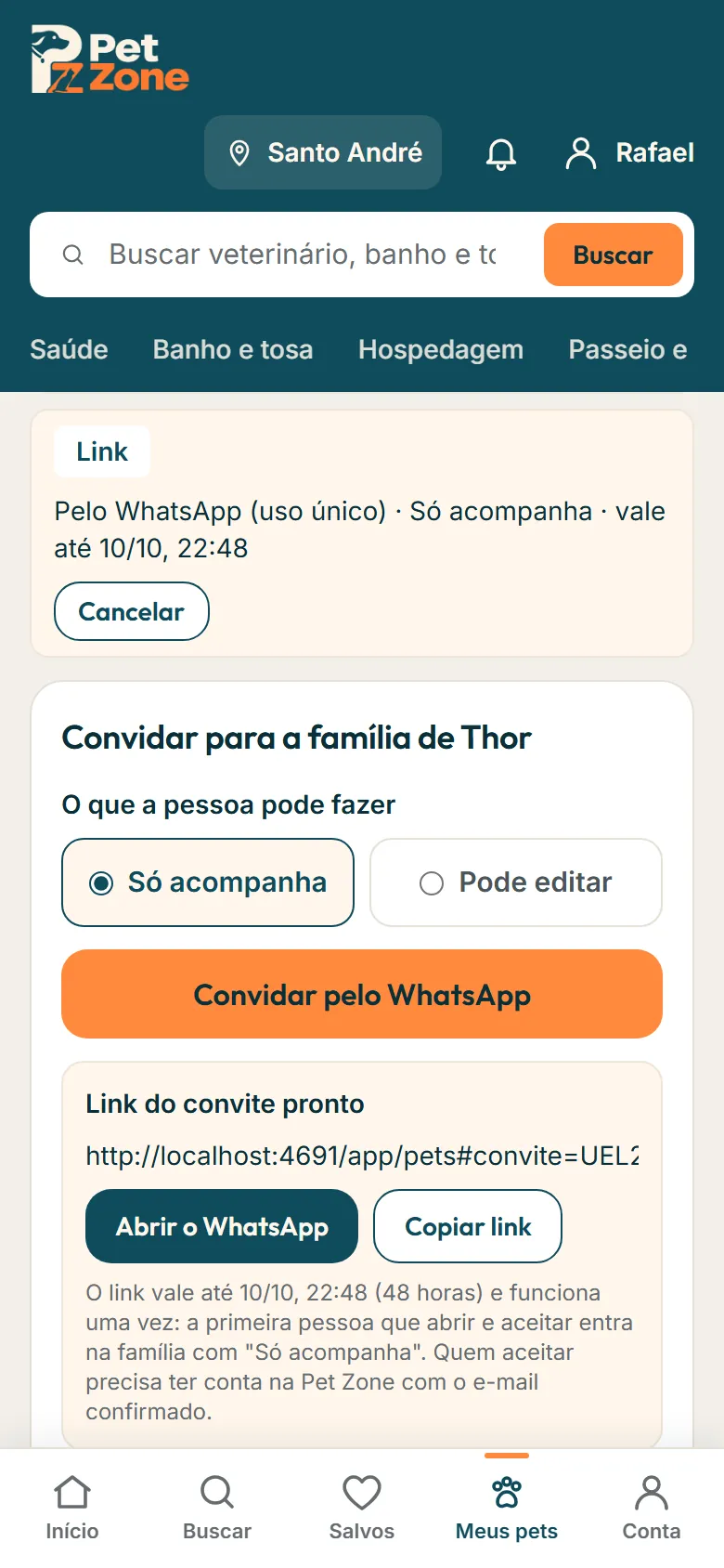 Aba Família com o link do convite pronto para mandar pelo WhatsApp