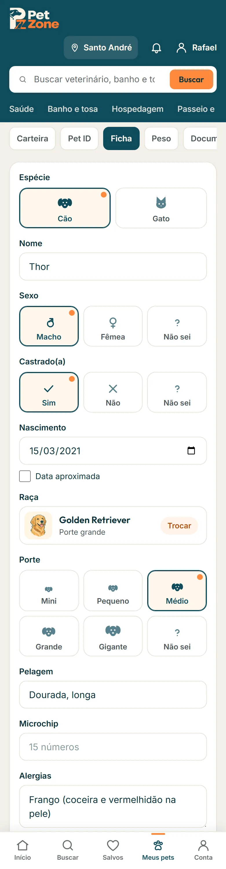 Aba Ficha com porte, castração, microchip e alergias