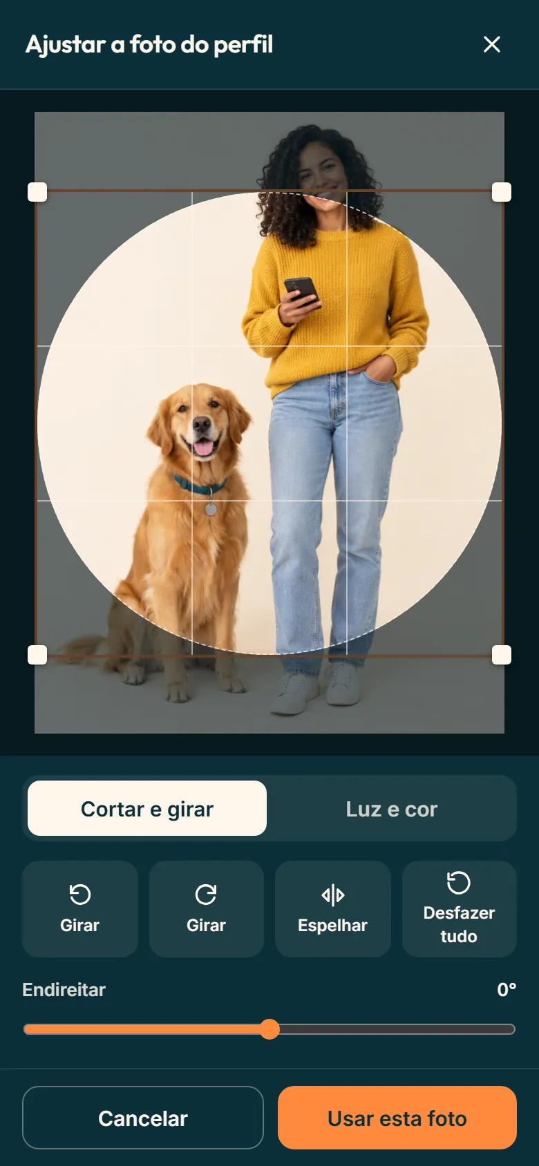Editor Ajustar a foto do perfil com o corte redondo e o botão Usar esta foto
