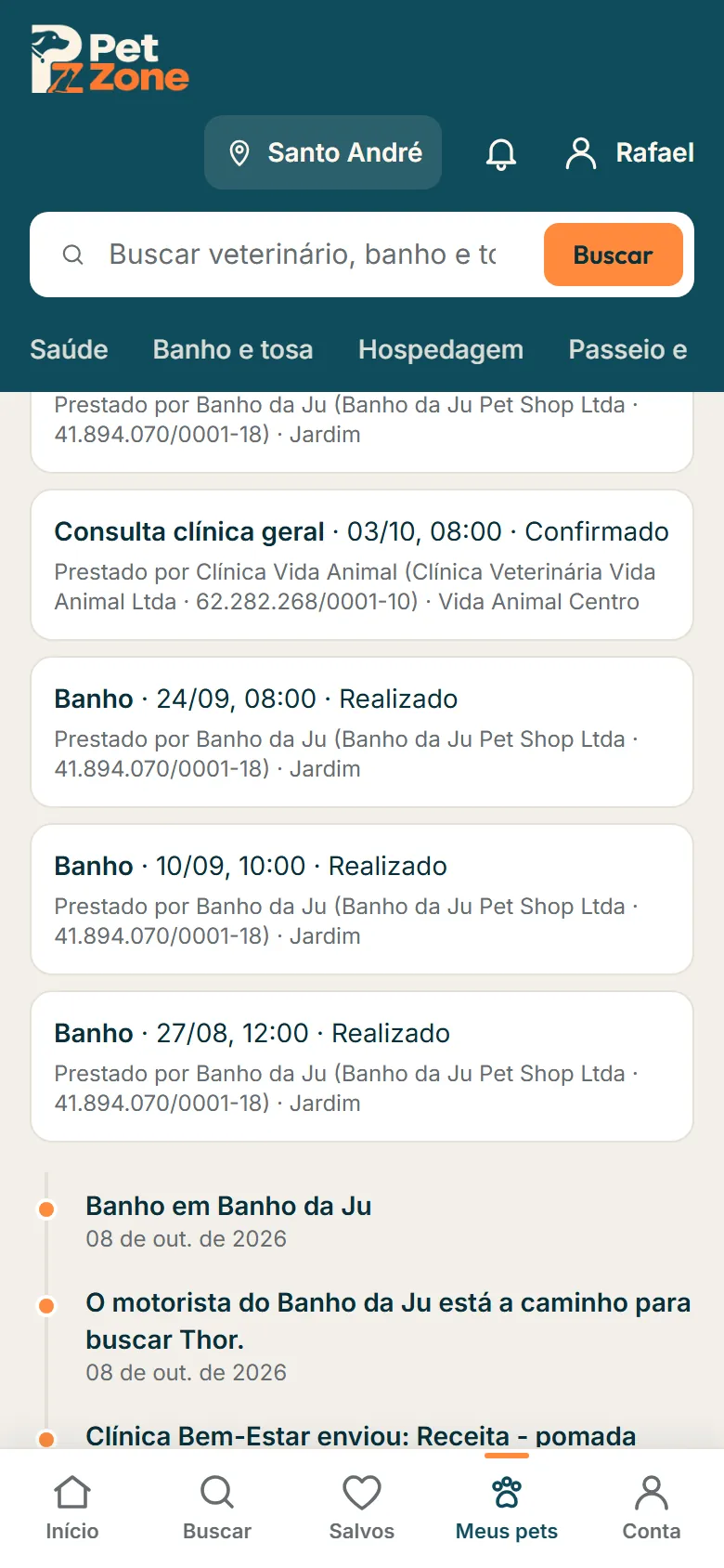 Aba Histórico com os atendimentos em lojas no topo e a linha do tempo abaixo