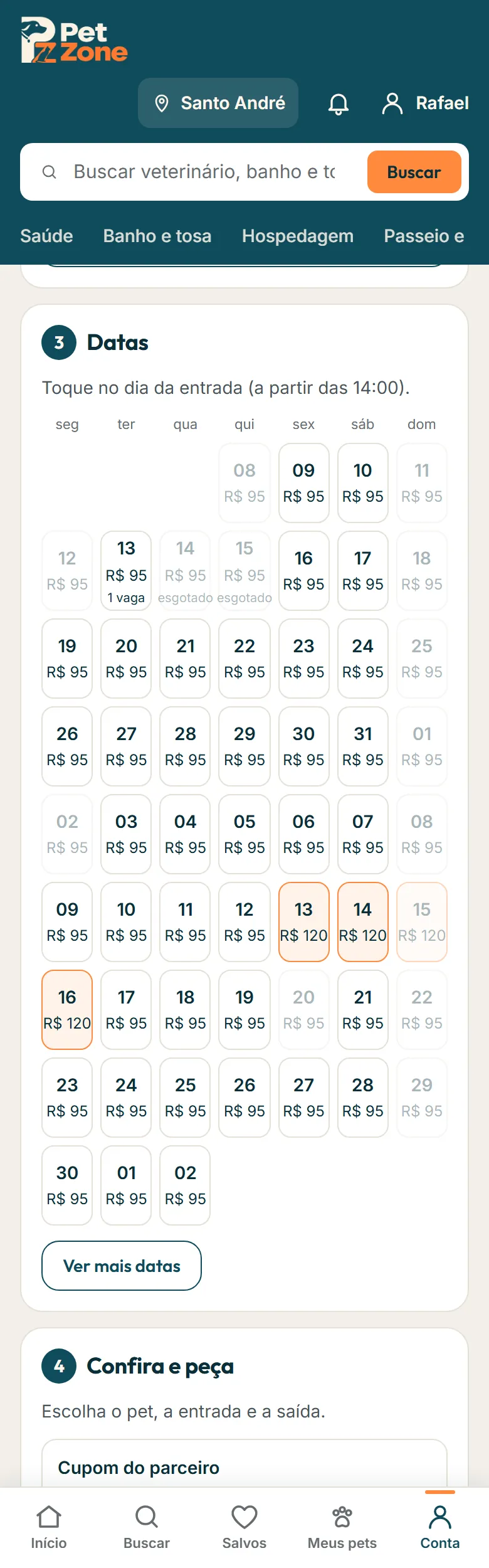 Calendário do hotel com vagas e preço