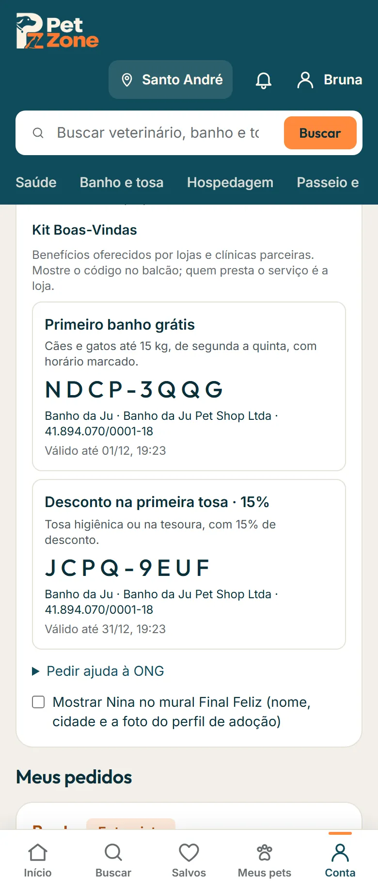Kit Boas-Vindas com os códigos das lojas parceiras e a validade