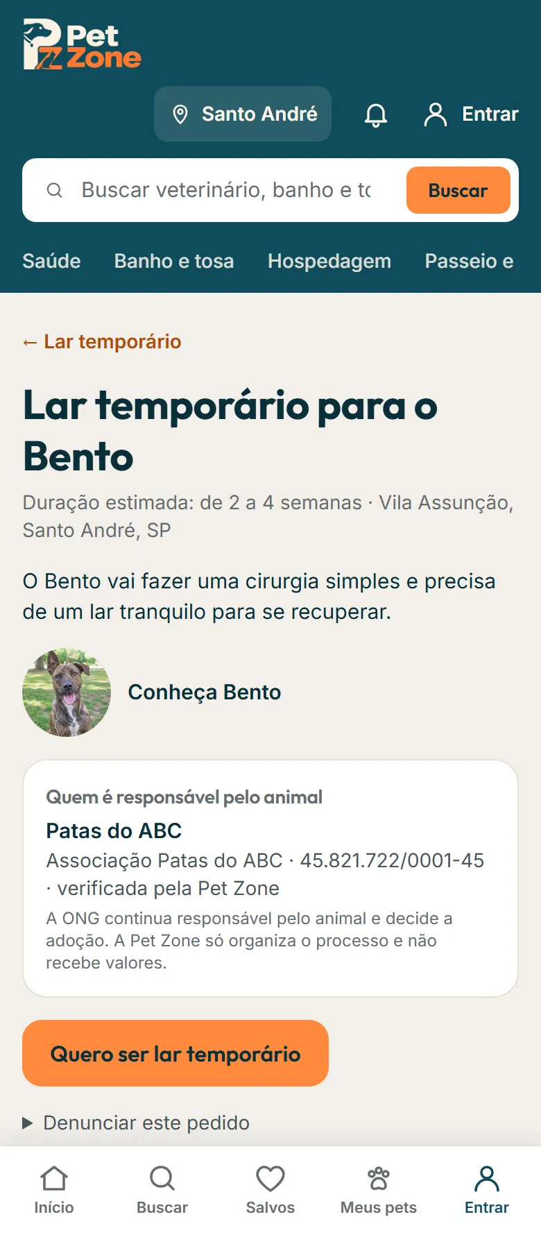 Pedido de lar temporário de uma ONG com o botão Quero ser lar temporário
