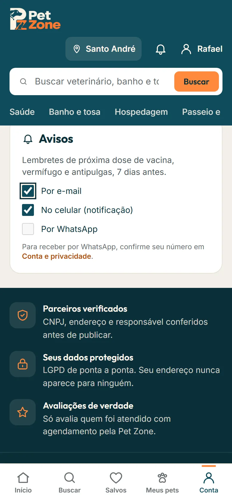 Quadro Avisos no início do app, com e-mail e notificação