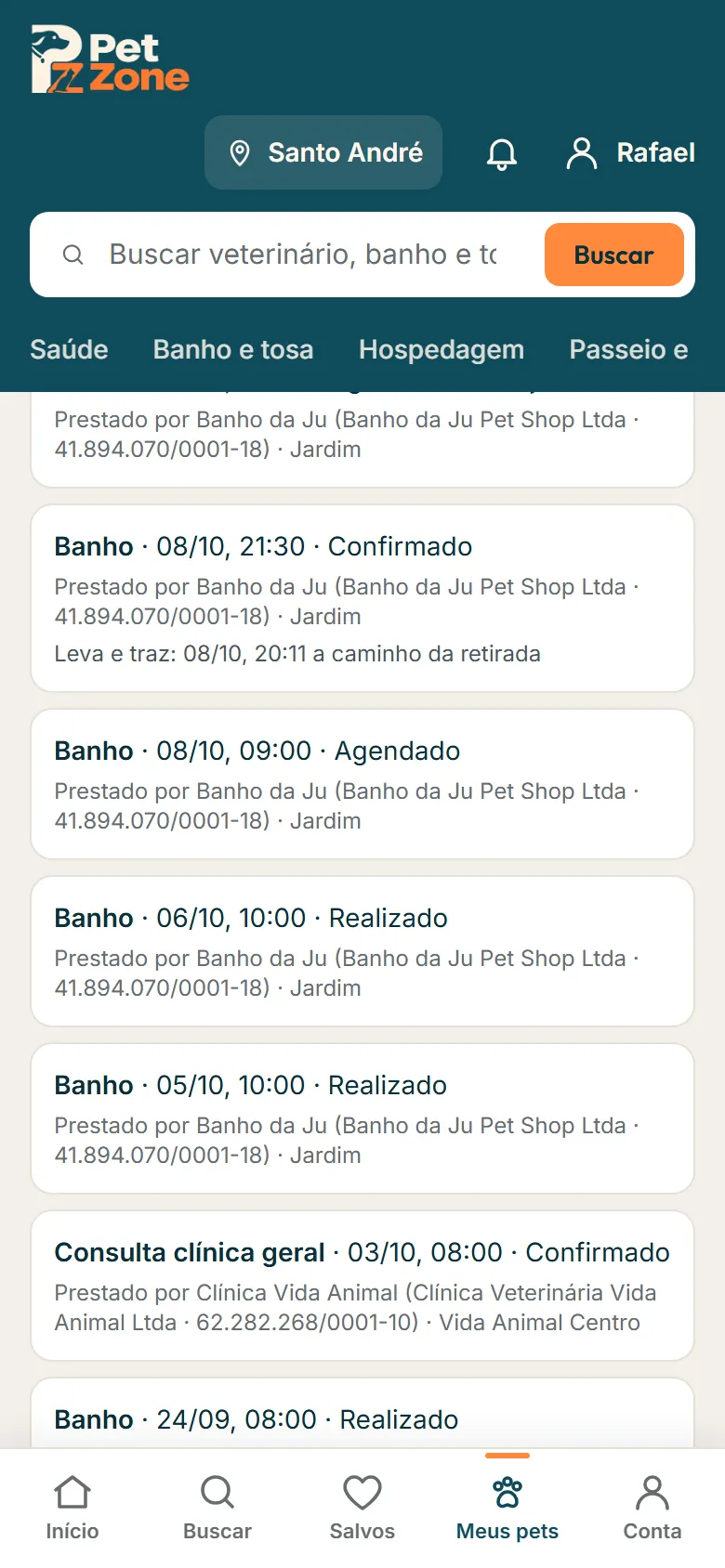 Histórico com as etapas do leva e traz