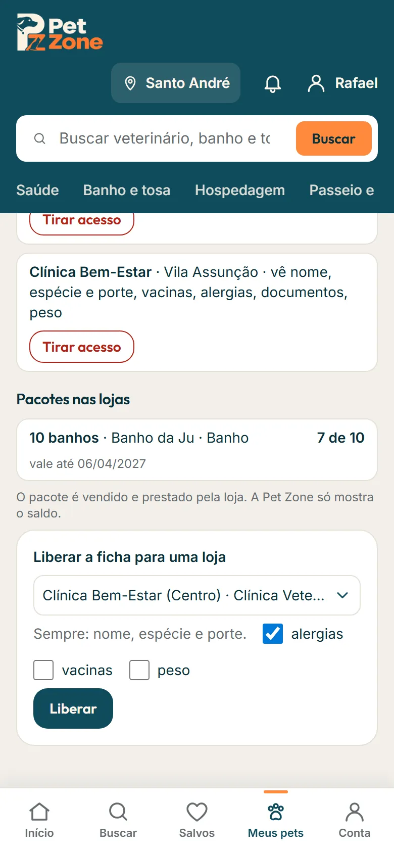 Seção Lojas que atendem este pet com uma loja liberada e a caixa Liberar a ficha para uma loja
