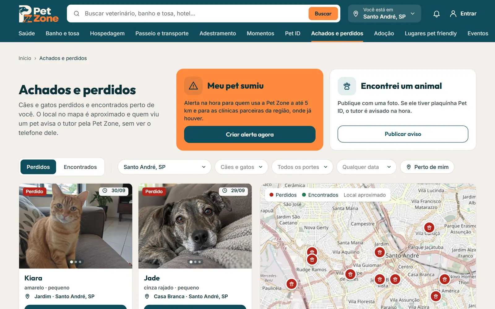Mural Achados e perdidos com as abas Perdidos e Encontrados, os filtros e o mapa