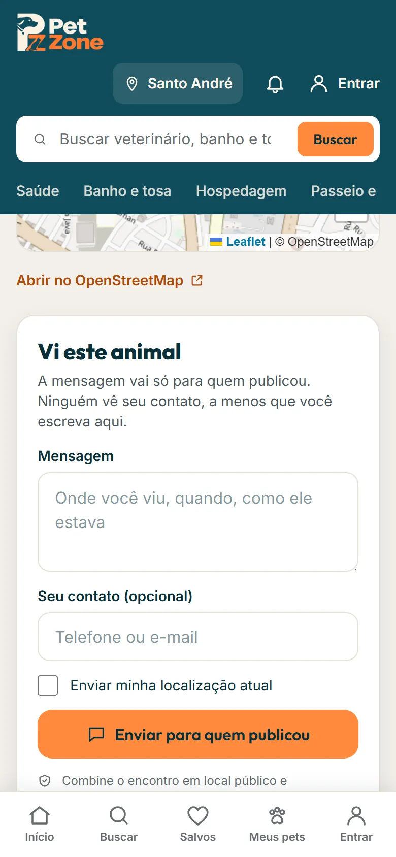 Página do alerta com a região aproximada e o formulário Vi este animal