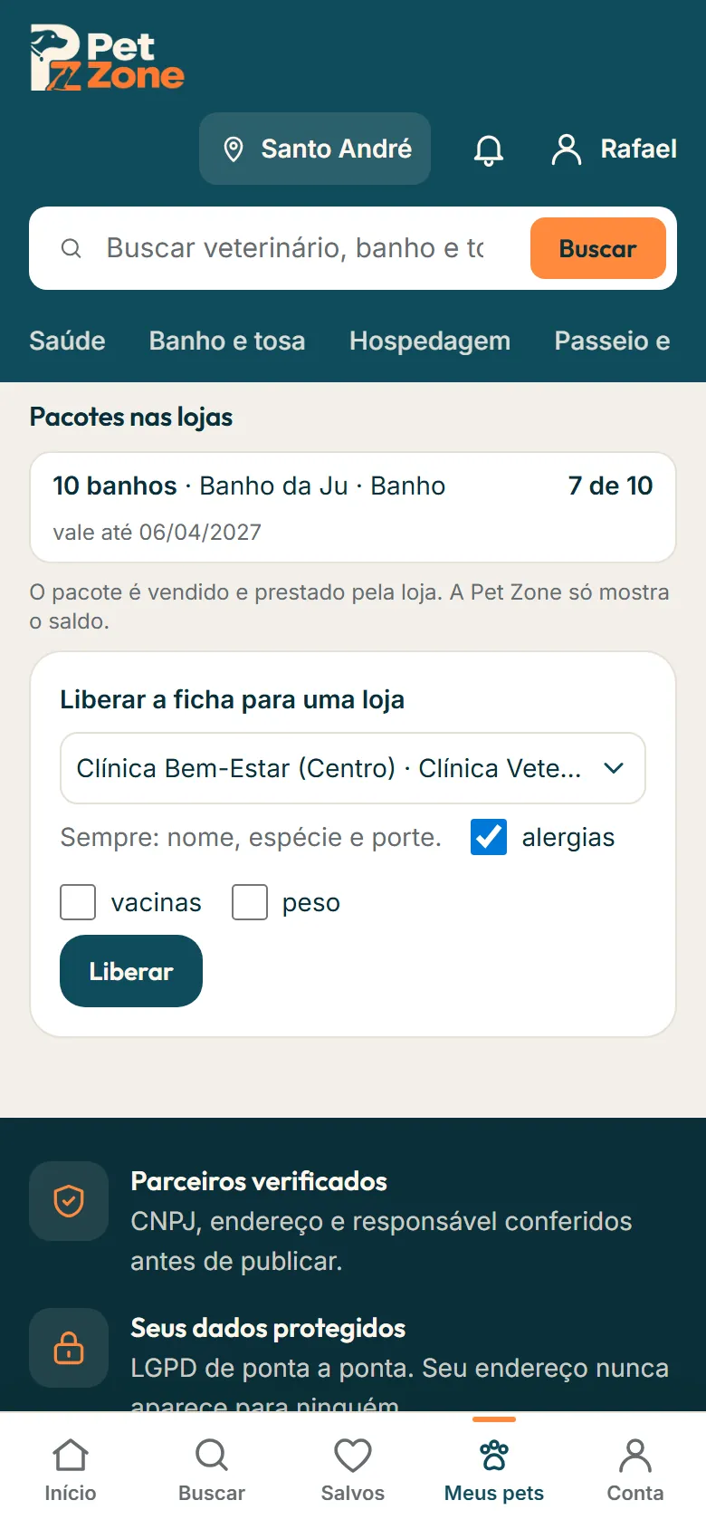 Pacotes nas lojas na ficha do pet