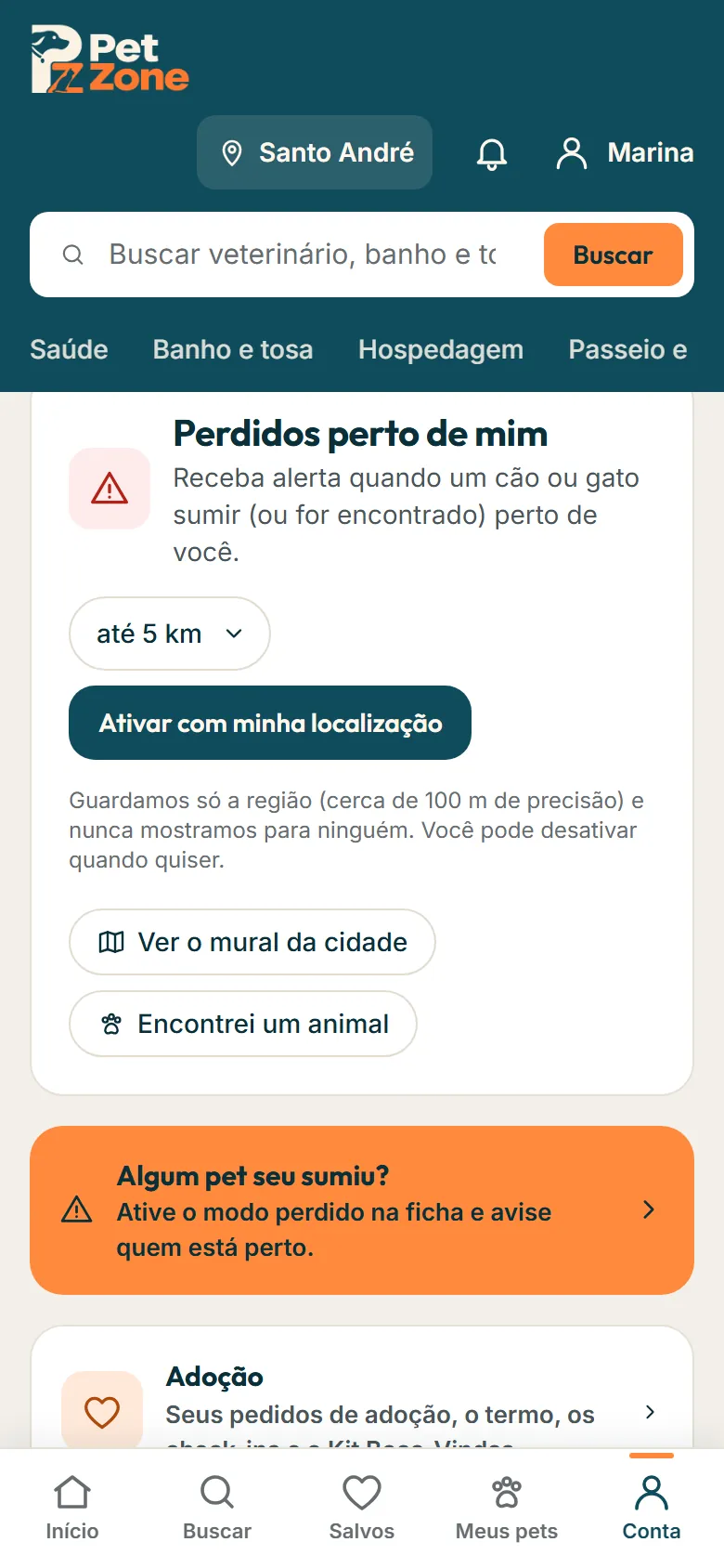 Quadro Perdidos perto de mim em Mais da Pet Zone, com o raio e o botão de ativar