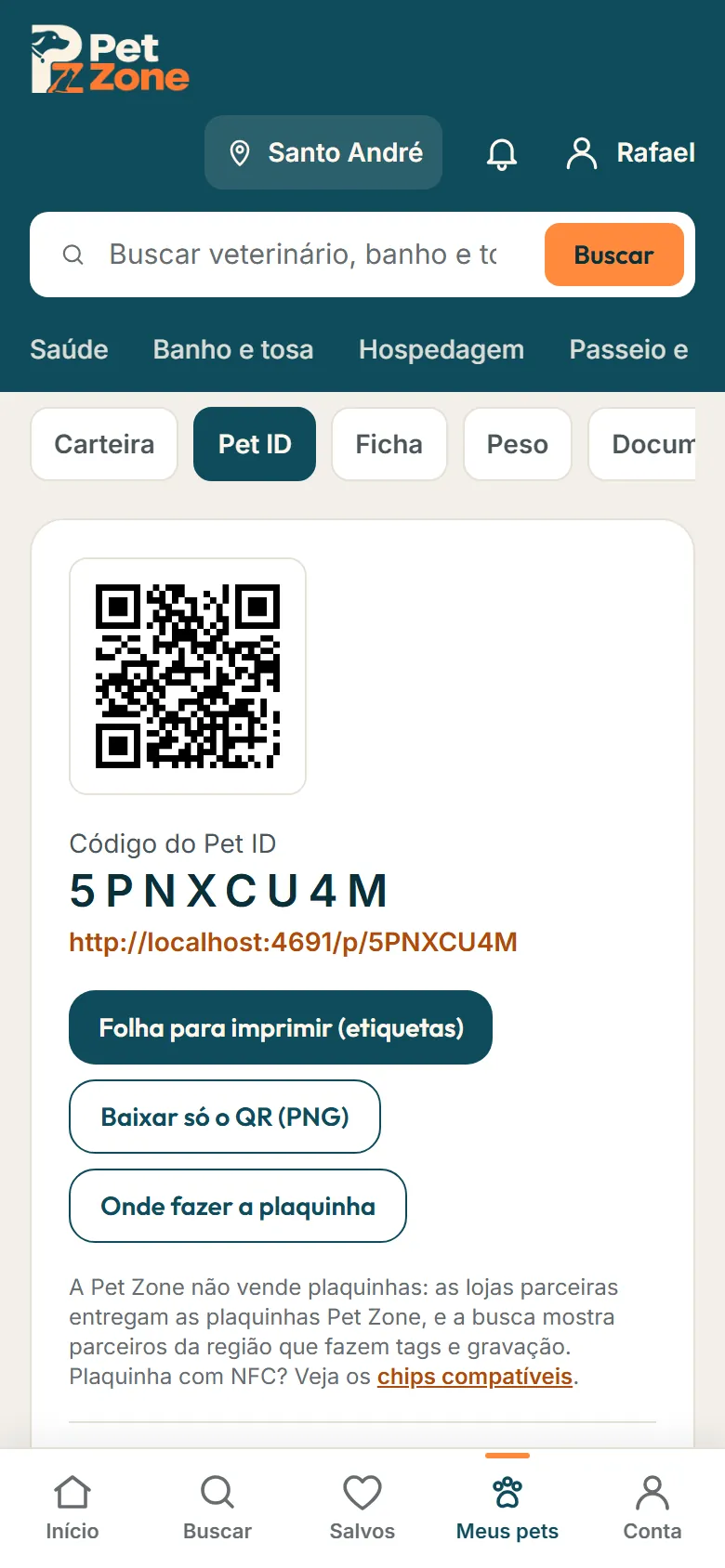 Aba Pet ID com o QR, o código e as opções do que aparece para quem ler