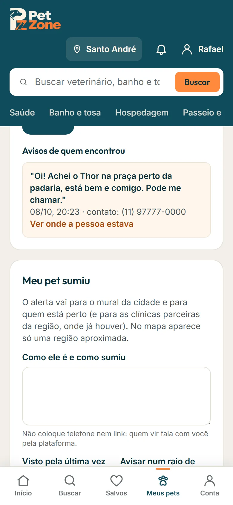 Avisos de quem encontrou, na aba Pet ID