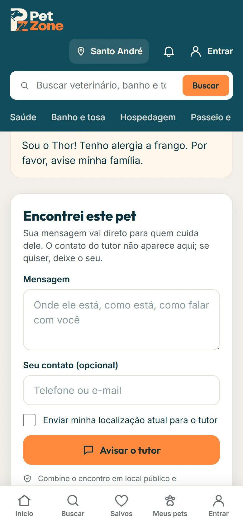 Formulário Encontrei este pet na página pública do Pet ID